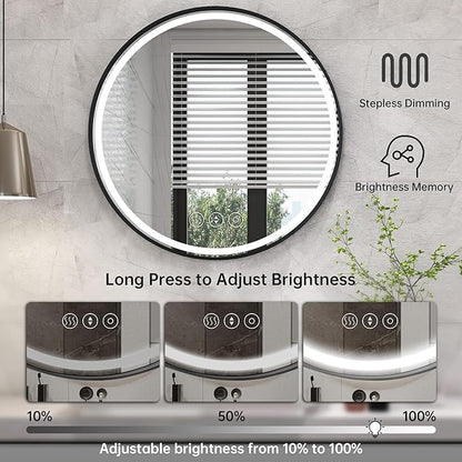 32 Inch Round Led Mirror, Bathroom Mirror with Lights, Black Metal Framed Frontlit Circle Mirrors for Wall with Anti-Fog, Memory Function, 3 Color Temperature, Dimmable Makeup Mirror