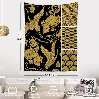 Batmerry Black Oriental Tapestry,Gold Japanese Fan Wall Art Hanging Decoration Polyester Fiber White Ruffled Around for Dorm Room Bedroom Living Room, 82.7x59.1 inches