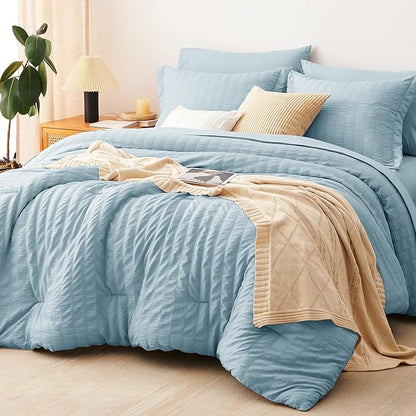 CozyLux Queen Comforter Set Light Blue Seersucker 7 Pieces Bed in a Bag Queen Comforter Set with Sheets Luxury Soft Bedding Set with Down Alternative Comforter, Sheets, Pillowcases & Shams All Seasons