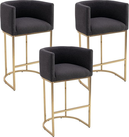Modern Counter Height Linen Upholstered Bar Stools Set of 3, 32" Kitchen Counter Island Stools Bar Chairs with Gold Metal Frame for Kitchen Island, Charcoal