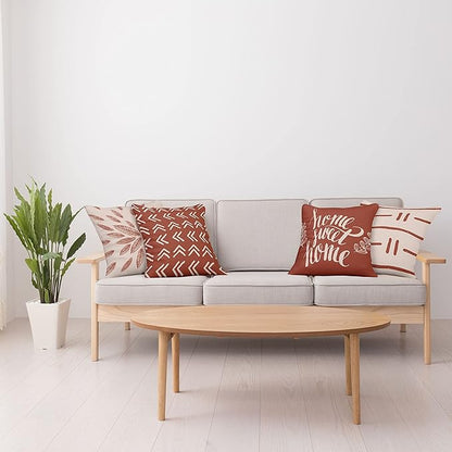 Ambesonne Modern Throw Pillow Cushion Case Pack of 4, Scandinavian Minimal Ornaments Boho Feather Leaves and Home Phrase Print, Modern Accent Double-Sided Digital Printing, 18", Pale Tan and Dark Rust