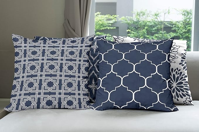 Ambesonne Vintage Throw Pillow Cushion Case Pack of 4, Quatrefoil Mesh Medieval Lattice Ornaments Ethnic Motive and Dahlia Flowers, Modern Accent Double-Sided Digital Printing, 24", Night Blue White