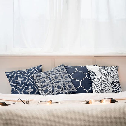 Ambesonne Vintage Throw Pillow Cushion Case Pack of 4, Quatrefoil Mesh Medieval Lattice Ornaments Ethnic Motive and Dahlia Flowers, Modern Accent Double-Sided Digital Printing, 24", Night Blue White