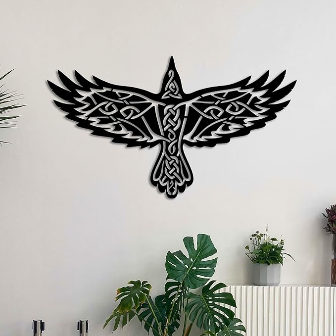 KAWA METALWORKS Nordic Viking Raven Metal Wall Art Decor, Norse Mythology Odin's Raven Wall Sculpture, Black (Medium - 15.3" x 27" H x W)