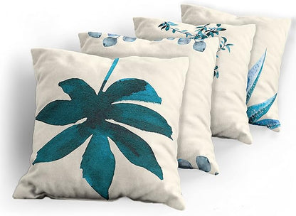 Ambesonne Botanical Throw Pillow Cushion Case Pack of 4, Minimalist Watercolor Painting Leaves Agave Branches Plant in a Pot, Modern Accent Double-Sided Digital Printing, 18", Teal Sea Blue and White
