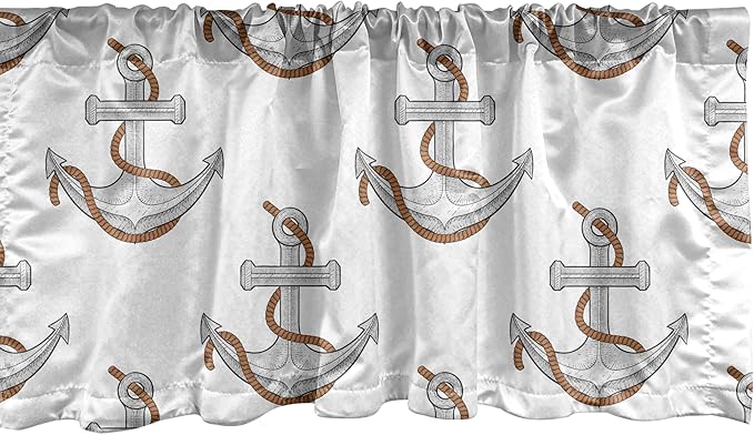 Ambesonne Vintage Nautical Tattoo Window Valance, Repetitive Anchor and Motif Maritime Pattern, Curtain Valance for Kitchen Bedroom Decor with Rod Pocket, 54" X 12", Pale Cinnamon Pale Grey