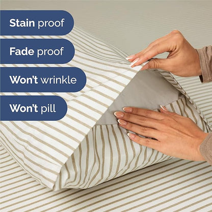 Split King Size 5 Piece Sheet Set - Comfy Breathable & Cooling Bed Sheets Set - Hotel Luxury Bedding for Women, Men, Kids, Teens, Boys & Girls - Deep Pockets, Soft and Wrinkle Free - Beige Stripes 2