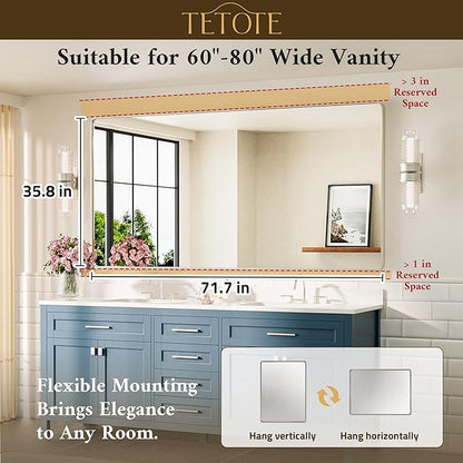 TETOTE 72 x 36 Inch Brushed Nickel Mirror Metal Framed Bathroom Mirror, Tempered Glass, Modern Farmhouse Wall Mounted Mirror for Decorative(Horizontal/Vertical)