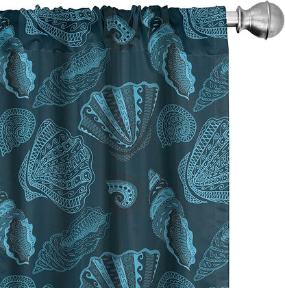 Ambesonne Scallop Window Curtains, Repetitive Seashell Aquatic Underwater Sea Creatures Pattern, Lightweight Decor 2-Panel Set with Rod Pocket, Pair of - 28" x 84", Blue Petrol