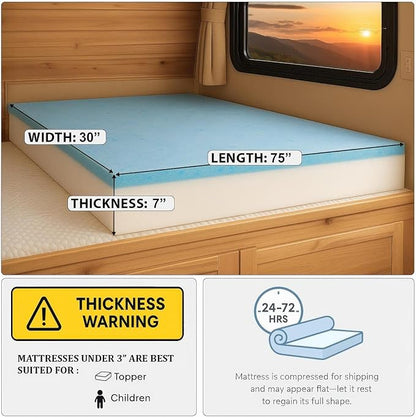 Foamma 7” x 30” x 75” Truck, Camper, RV Travel Visco Gel Memory Foam Bunk Mattress Replacement, Made in USA, Comfortable, Travel Trailer, CertiPUR-US Certified, Cover Not Included