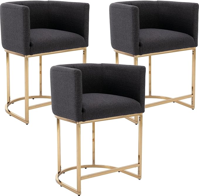 Modern Counter Height Linen Upholstered Bar Stools Set of 3, 24" Kitchen Counter Island Stools Bar Chairs with Gold Metal Frame for Kitchen Island, Charcoal