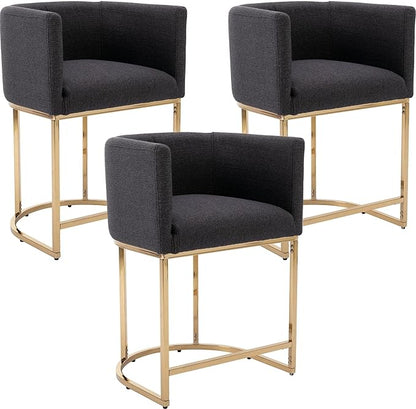Modern Counter Height Linen Upholstered Bar Stools Set of 3, 24" Kitchen Counter Island Stools Bar Chairs with Gold Metal Frame for Kitchen Island, Charcoal