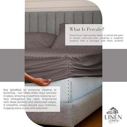 Linen Home 100% Cotton Percale Sheets California King Size, Charcoal, Deep Pocket, 4 Pieces Set - 1 Flat, 1 Deep Pocket Fitted Sheet and 2 Pillowcases, Crisp Cool and Strong Bed Linen