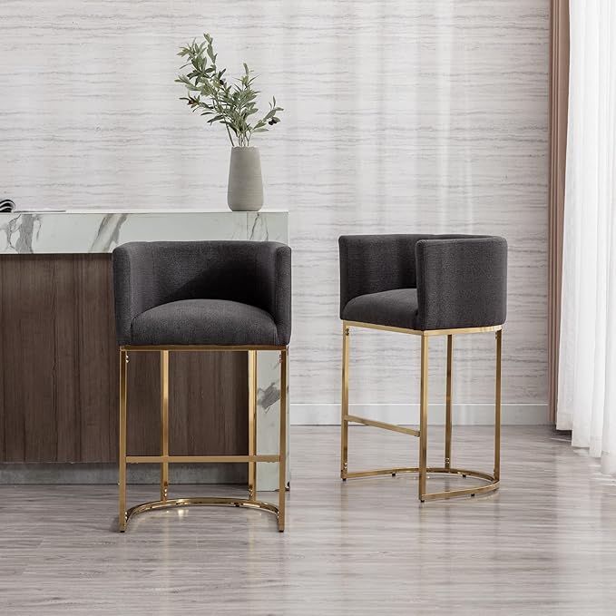 Modern Counter Height Linen Upholstered Bar Stools Set of 4, 29" Kitchen Counter Island Stools Bar Chairs with Gold Metal Frame for Kitchen Island, Charcoal