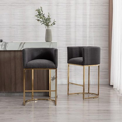 Modern Counter Height Linen Upholstered Bar Stools Set of 4, 29" Kitchen Counter Island Stools Bar Chairs with Gold Metal Frame for Kitchen Island, Charcoal
