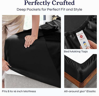 California Design Den Natural 100% Cotton Sheets, Soft Queen Sheet Set, 400 Thread Count Sateen, Deep Pockets with All-Around Elastic for a Snug Fit, Cool & Durable Bedding Set - Black