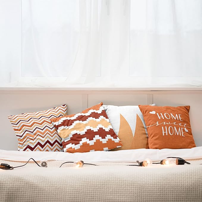 Ambesonne Modern Throw Pillow Cushion Case Pack of 4, Geometric Style Pattern of Triangles Zigzags Love Home Phrase Print, Modern Accent Double-Sided Digital Printing, 16", Burnt Orange and Burgundy