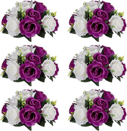 NUPTIO Pcs of 6 Fake Flower Ball Arrangement Bouquet,15 Heads Plastic Roses with Base, Suitable for Our Store's Wedding Centerpiece Flower Rack for Parties Valentine's Day Home Décor (Purple & White)