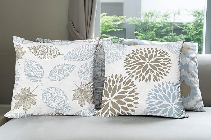 Ambesonne Vintage Throw Pillow Cushion Case Pack of 4, Bohemian Ornamental Leaves Dahlia Pattern Geometric Art Curlicue Motif, Modern Accent Double-Sided Digital Printing, 24", Blue Grey and Cocoa