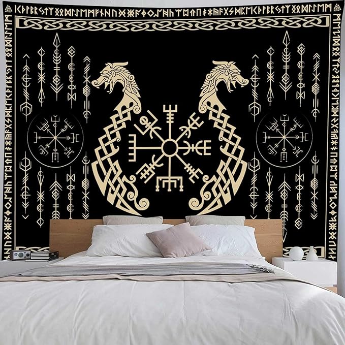 OSUNBD Nordic Vikings Tapestry, Large 11878 inches Soft Flannel, Vegvsir Symbol Twins Dragons Celtic Rune Scandinavian Aesthetic Mythology Tapestry Wall Hanging for Bedroom Living Room Decor