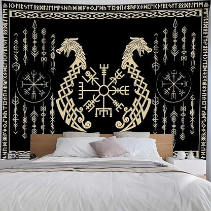 OSUNBD Nordic Vikings Tapestry, Large 11878 inches Soft Flannel, Vegvsir Symbol Twins Dragons Celtic Rune Scandinavian Aesthetic Mythology Tapestry Wall Hanging for Bedroom Living Room Decor