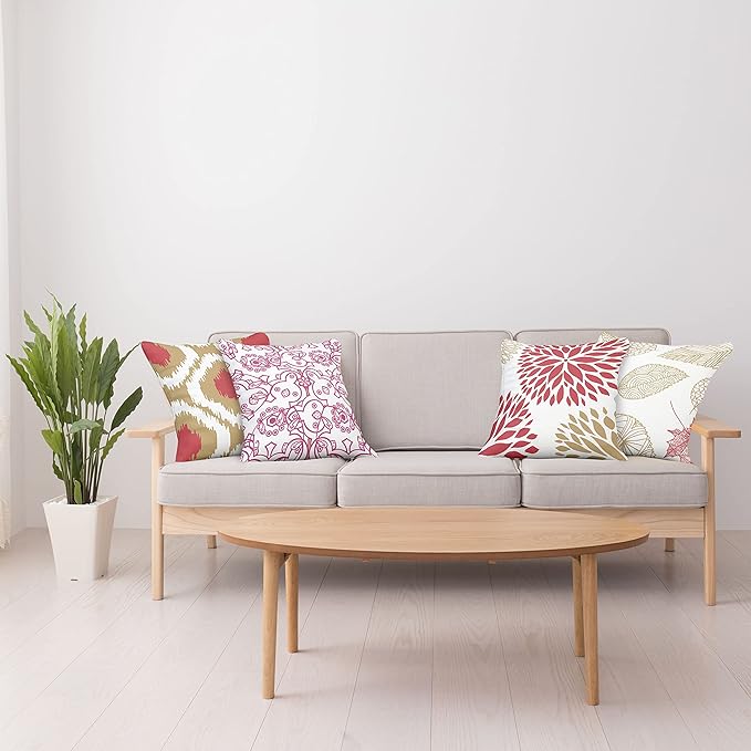 Ambesonne Vintage Throw Pillow Cushion Case Pack of 4, Bohemian Ornamental Leaves Dahlia Pattern Geometric Art Curlicue Motif, Modern Accent Double-Sided Digital Printing, 18", Dark Pink and Camel