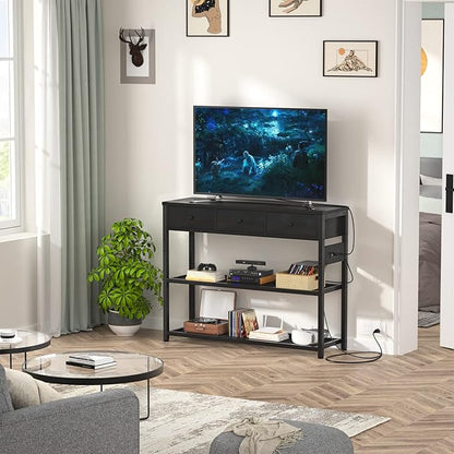 Ecopriso 47'' Entryway Table with Outlets and USB Ports, Console Table with 3 Drawers, Sofa Table Narrow Long with Storage Shelves for Living Room, Couch, Hallway, Foyer, Kitchen Counter, Black