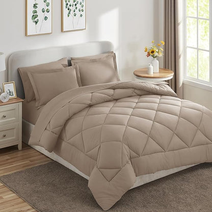 CozyLux Queen Comforter Set Khaki - Bed in a Bag Queen Size 7 Pieces, Luxury Soft Bed Set for All Seasons, Bedding Set with Down Alternative Comforter, Sheets, Pillowcases & Shams