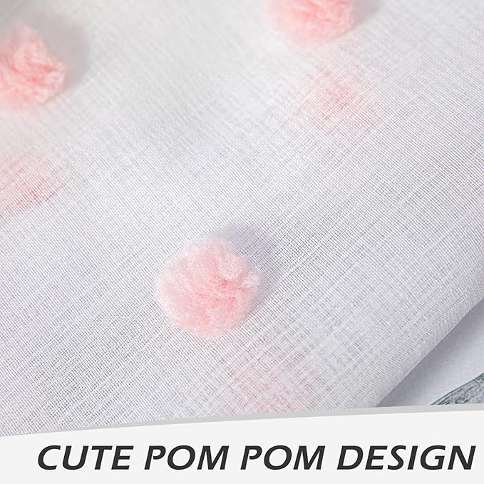 MYSKY HOME Short Pink Pom Pom Sheer Curtains - 54 Inch Long, 52" x 54", Rod Pocket, 2 Panels, Small Window, Kitchen, Bathroom, Nursery, Boys, Kids Room