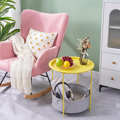 VECELO Round Side/End Table with Fabric Storage Basket，Metal Anti-Rust and Waterproof Small Bedside Nightstand with Removable Tray Top for Living Room，Balcony & Laundry，Yellow /2pcs with Basket