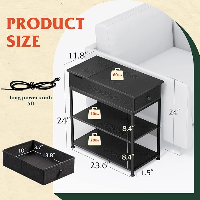 WLIVE Narrow Side Table with 2 USB Ports and 2 Outlets, Flip Top End Table with Drawer and Storage Shelves, Small Nightstand with Charging Station for Living Room/Bedroom, Black