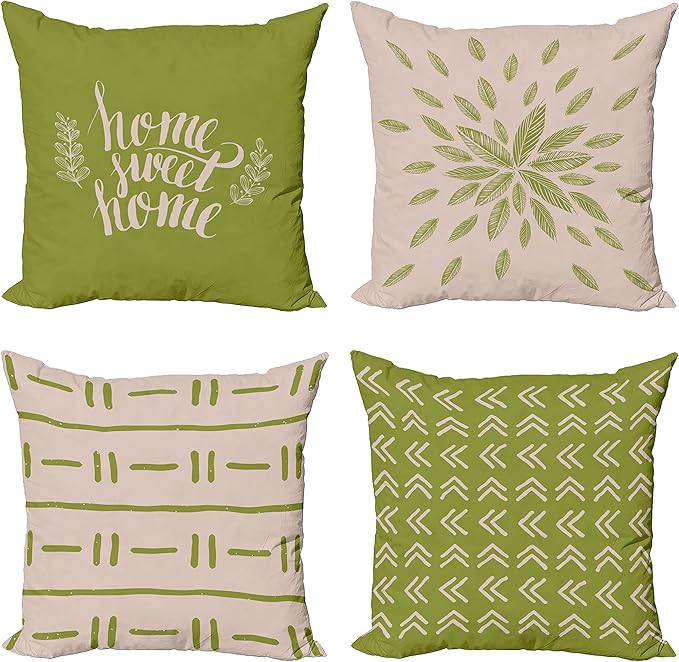 Ambesonne Modern Throw Pillow Cushion Case Pack of 4, Scandinavian Minimal Ornaments Boho Feather Leaves and Home Phrase, Modern Accent Double-Sided Digital Printing, 18", Pale Tan and Pistachio Green