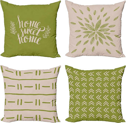Ambesonne Modern Throw Pillow Cushion Case Pack of 4, Scandinavian Minimal Ornaments Boho Feather Leaves and Home Phrase, Modern Accent Double-Sided Digital Printing, 18", Pale Tan and Pistachio Green
