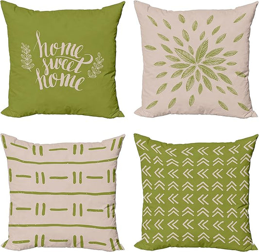 Ambesonne Modern Throw Pillow Cushion Case Pack of 4, Scandinavian Minimal Ornaments Boho Feather Leaves and Home Phrase, Modern Accent Double-Sided Digital Printing, 20", Pale Tan and Pistachio Green