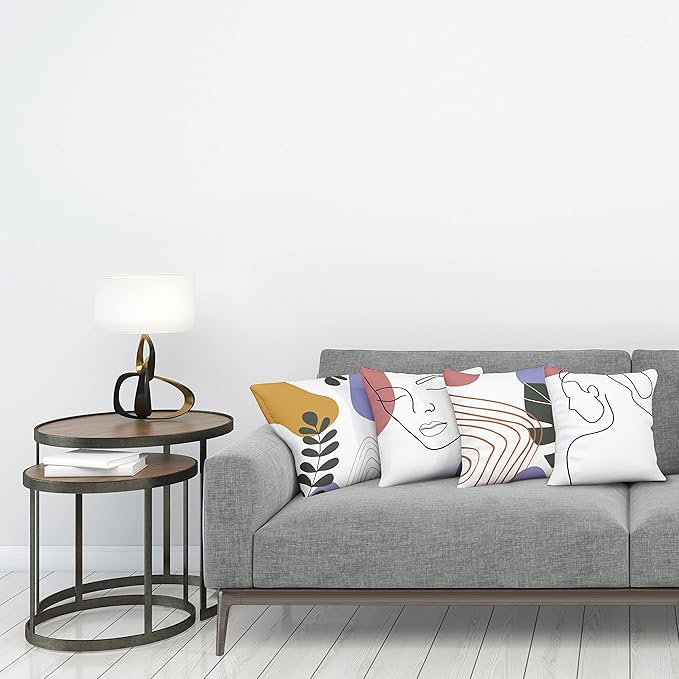 Ambesonne Minimal Throw Pillow Cushion Case Pack of 4, Modern Line Art Woman Portrait Contemporary Leafy Geometric Details, Modern Accent Double-Sided Digital Printing, 18", Lavender Amber Pale Rust