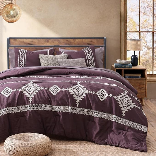 MaiRêve Embroidery Queen Size Comforter Set Purple, Boho Farmhouse Western Bedding Set 7 Pieces, All Season Bed in A Bag Comforter Set with Sheets, Pillowcases & Shams