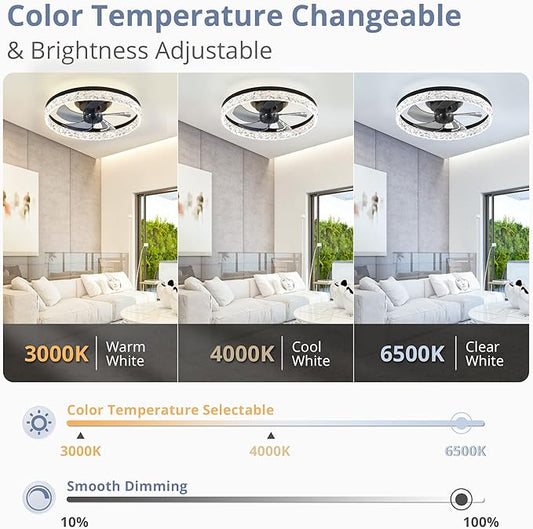 LEDIARY 20" Modern Ceiling Fans with Lights and Remote, Dimmable Low Profile Ceiling Fan, Flush Mount Ceiling Fan, Stepless Color Temperature Change and 6 Speeds - Black