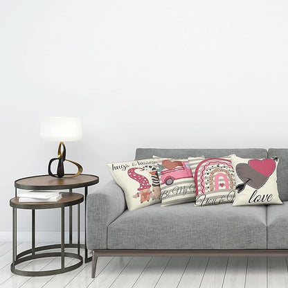 Ambesonne Romantic Throw Pillow Cushion Case Pack of 4, Love Hearts Arrow You and Me Be My Valentine Hugs Kisses Lettering Print, Modern Accent Double-Sided Digital Printing, 16", Ivory Taupe and Pink
