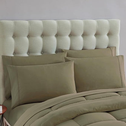 King Size Comforter Set with Sheets - 7-Piece Bedding Collection - 1 Comforter, 1 Fitted Sheet, 1 Flat, 4 Pillowcases - Deep Pocket - Soft & Breathable Premium Quality - Ideal for All Seasons, Sage