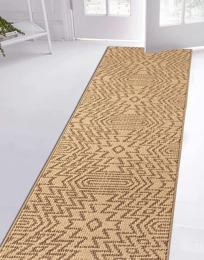 Custom Length Cut to Size Tribal Ethnic Southwestern Inspired Hallway Runner Rug, Non Slip Rubber Backed, 31 inch Wide X Customized Length, Inca Tan, 31 inch X 3 feet, Doormat Size