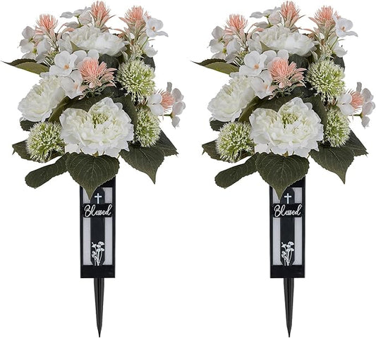White Artificial Flowers for Cemetery: 2 Pcs Peony Grave Flower Bouquets for Cemetery Decorations - Outdoor Gravesite Flowers with Vase