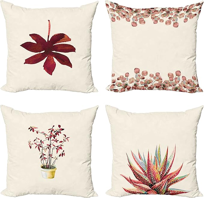 Ambesonne Botanical Throw Pillow Cushion Case Pack of 4, Minimalist Watercolor Painting Leaves Agave Branches Plant in a Pot, Modern Accent Double-Sided Digital Printing, 16", Raspberry Dark Salmon