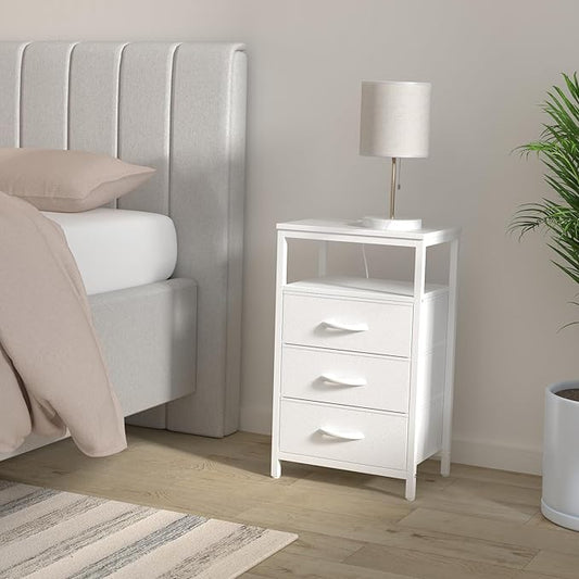 Huuger Nightstands Set of 2, 27.6 Inch End Tables with Charging Station, Bedside Tables with Drawers, PU Leather Finish, USB Port and Outlet, Night Stands for Bedroom, White