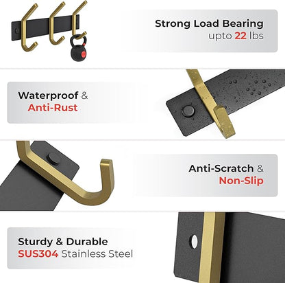 Small Coat Rack Wall Mount – Black and Gold Hook Rail with 3 Double Coat Hooks, 9 Inch Stainless Steel Wall Hooks for Entryway, Bathroom, Bedroom, Closet, Towel, Hat, Bag, Heavy Duty Organizer