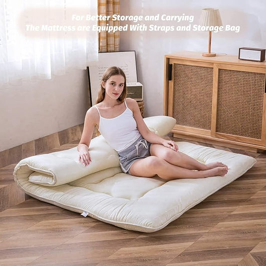 MAXYOYO Japanese Floor Mattress Futon Mattress, Thicken Sleeping Pad Foldable Roll Up Floor Futon for Adults Tatami Mat Dormitory Bed Lounger, Off White, Twin Size