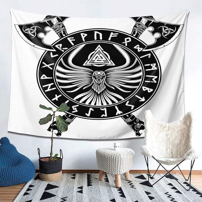 Gizmac Viking Black Axe Crow Scandinavian Runes Room Tapestry Bedroom Living Room Decor Tapestry(80x60 Inches)