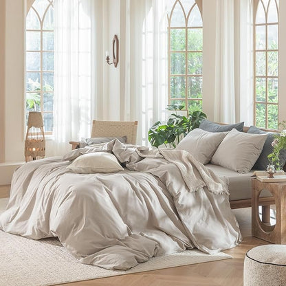 MooMee Bedding Duvet Cover Set 100% Washed Cotton Linen Like Textured Breathable Durable Soft Comfy (Solid Light Tan, Super Queen 90"x98")