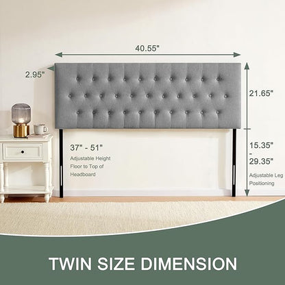 Tufted Upholstered Headboard Twin Size, Solid Wood Head Board with Durable Metal Legs, Adjustable Height Twin XL headboard from 37” to 51” Fabric Headboard in Modern Button Design, Grey