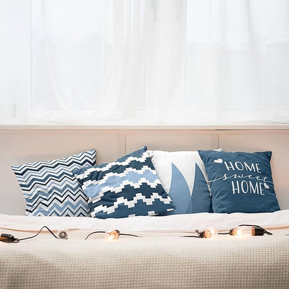 Ambesonne Modern Throw Pillow Cushion Case Pack of 4, Geometric Style Pattern of Triangles Zigzags Love Home Phrase Design, Modern Accent Double-Sided Digital Printing, 18", Petrol Blue and White