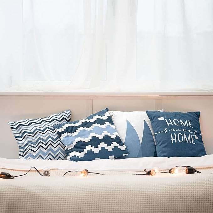 Ambesonne Modern Throw Pillow Cushion Case Pack of 4, Geometric Style Pattern of Triangles Zigzags Love Home Phrase Design, Modern Accent Double-Sided Digital Printing, 20", Petrol Blue and White